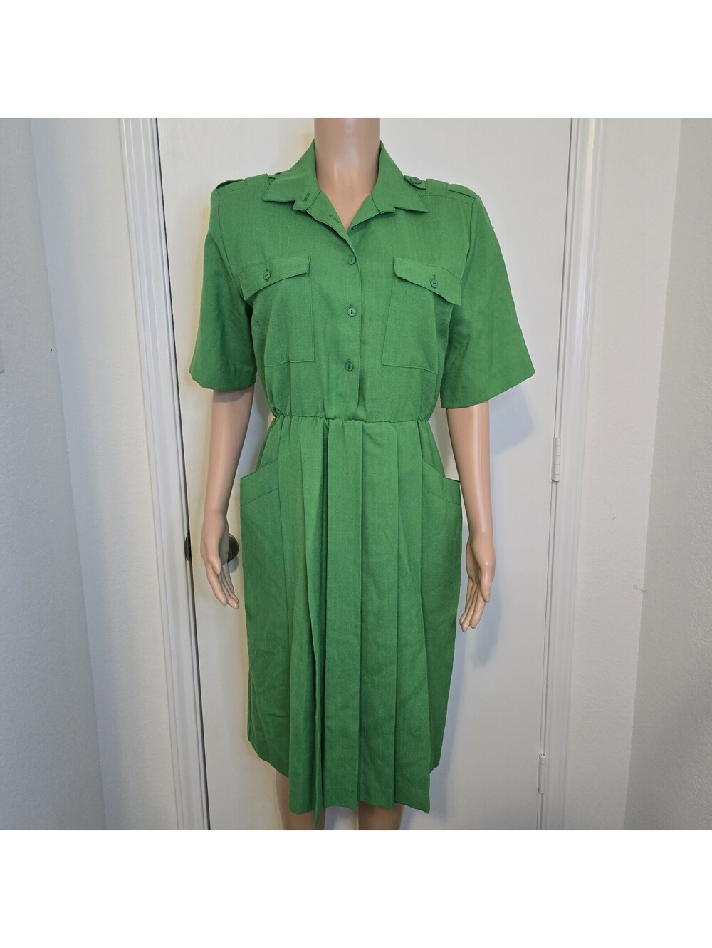 VTG Green Women's Uniform Retro 50s Pleated Blouson Pockets S-M